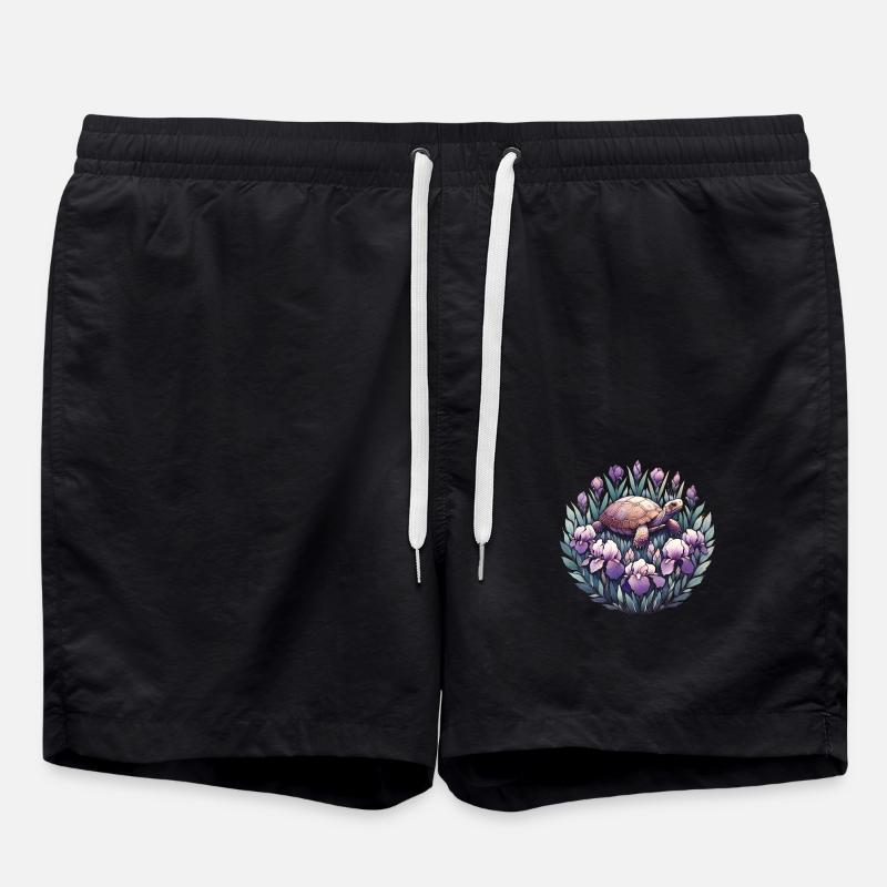 Box Turtle with Irises - Swim Trunks - black