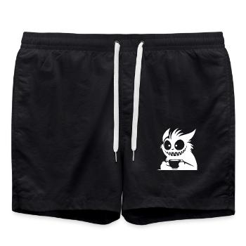 Katze auf Kaffee Trip mit Tasse und irrem Blick - Badeshorts - Schwarz - Vorne - AI Model Male 185 light (185cm)