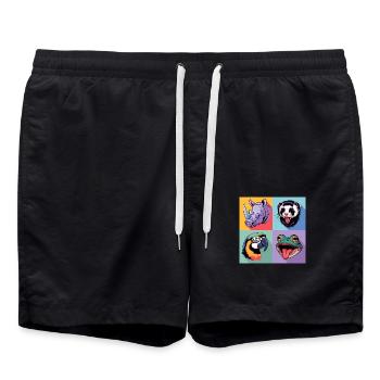 Pop Art Rhinoceros, Parrot, Frog, Possum, Colorful - Swim Trunks - black - Front - AI Model Male 185 light (185cm)