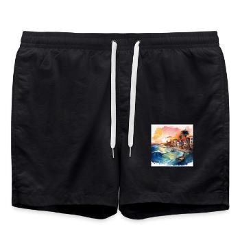 Vibrant Coastal Sunset Scene with Boats and Waves - Swim Trunks - black - Front - AI Model Male 185 light (185cm)