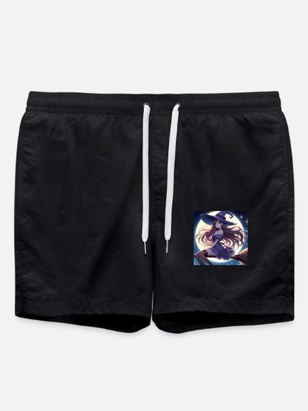 Halloween witch on broom before full moon - Swim Trunks - black