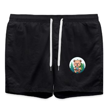 Cozy Bear Exploring Forest Path - Swim Trunks - black - Front - AI Model Male 185 light (185cm)