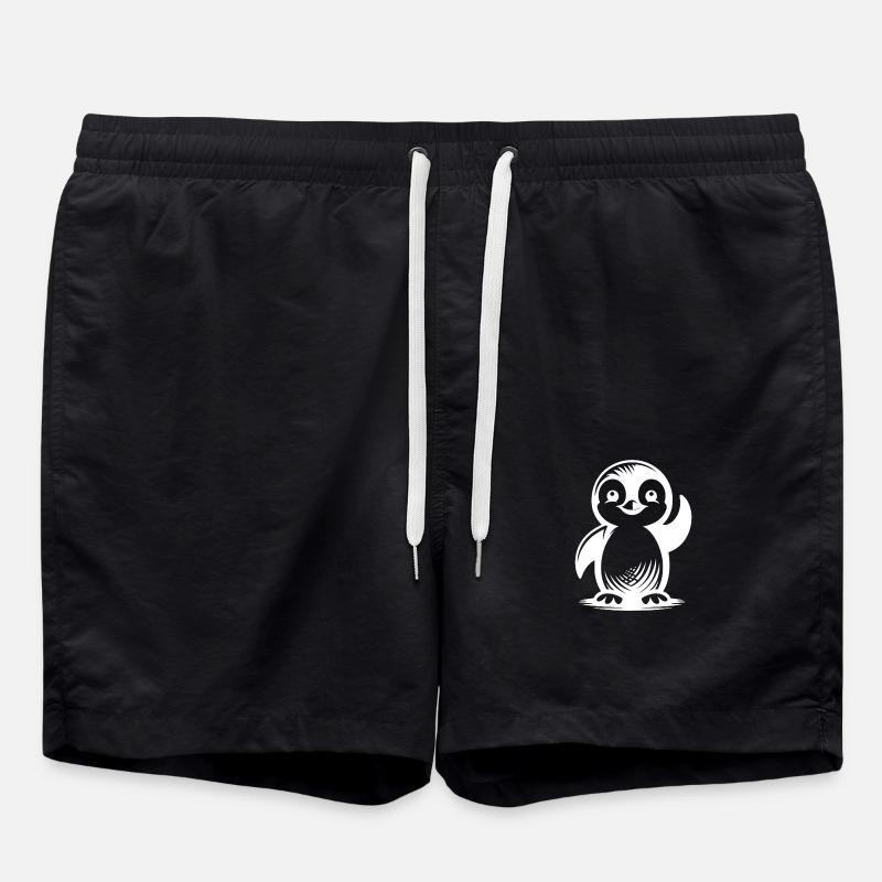 Cute Cartoon Penguin Illustration - Swim Trunks - black