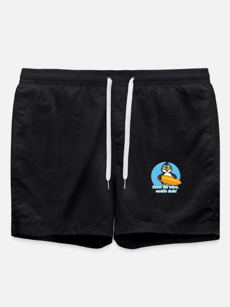 Penguin Surfing with Sunglasses, Catch the Wave - Swim Trunks - black