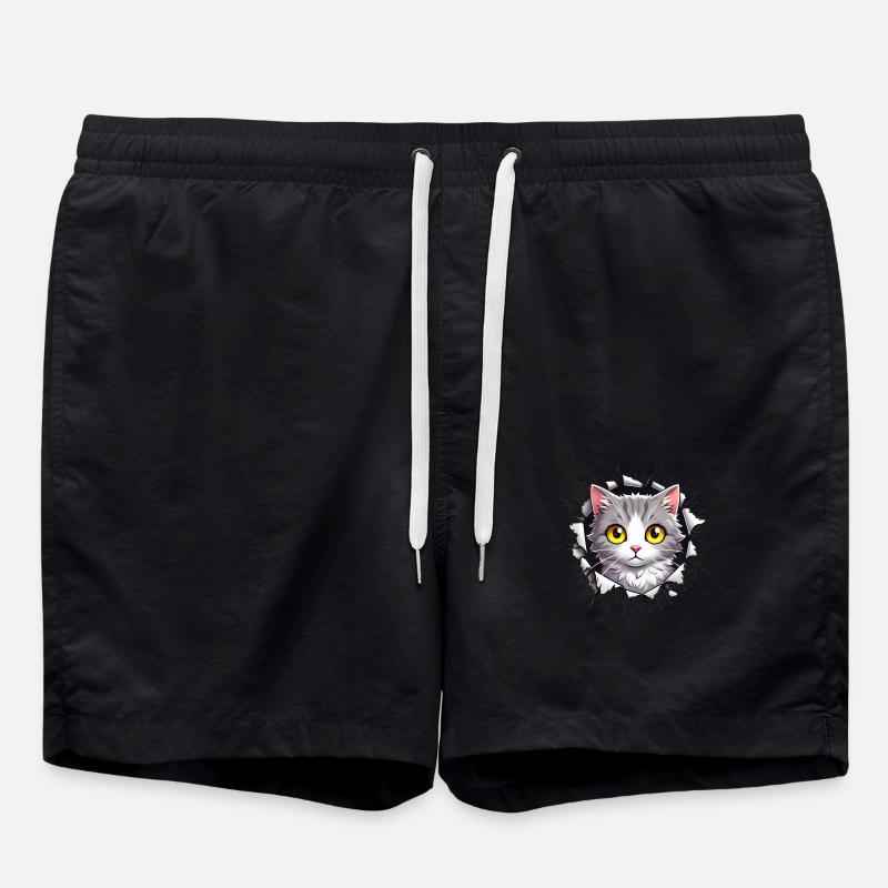 Peeking Cat Through Jagged Hole - Swim Trunks - black