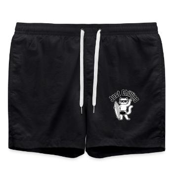 Surfende Katze - "Just Chilling" Design - Badeshorts - Schwarz - Vorne - AI Model Male 185 light (185cm)