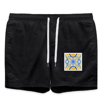 Mediterranean Blue and Gold Tile Design - Swim Trunks - black - Front - AI Model Male 185 light (185cm)