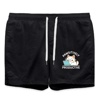 Pfotenproduktiv – Kawaii Cat bei der Arbeit - Badeshorts - Schwarz - Vorne - AI Model Male 185 light (185cm)