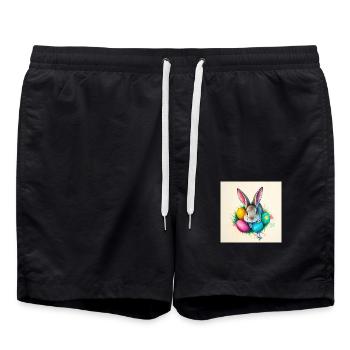 „Hasenparty & Farbenmeer“ - Badeshorts - Schwarz - Vorne - AI Model Male 185 light (185cm)