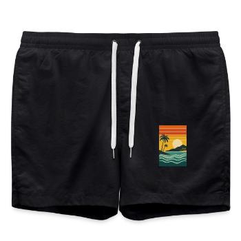 Tropical Sunset with Palm Trees – Retro Stra - Swim Trunks - black - Front - AI Model Male 185 light (185cm)