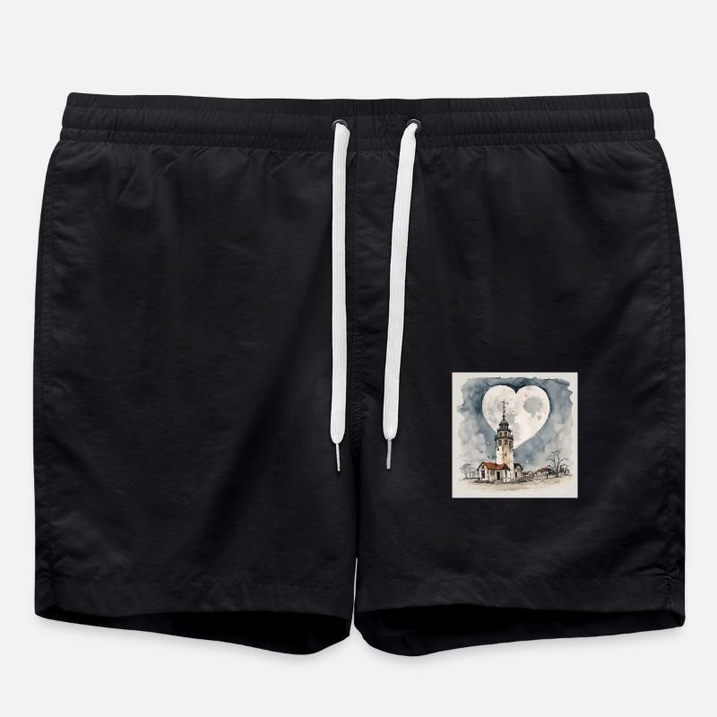 Kirche / Leuchtturm im Dorf unter Mond-Herz-Form - Badeshorts - Schwarz