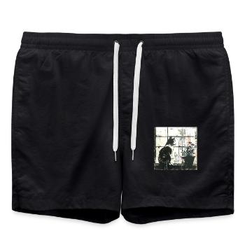 Graffiti Cat Flowerpot Window Street Art bw - Swim Trunks - black - Front - AI Model Male 185 light (185cm)
