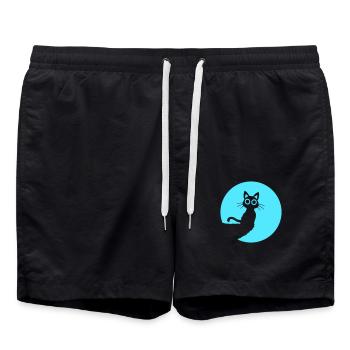 Cat Cute Moon Round Cliff Mountain Night Big Eyes - Swim Trunks - black - Front - AI Model Male 185 light (185cm)