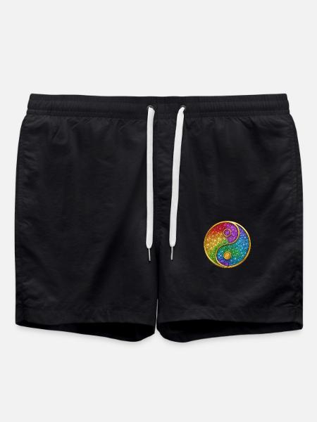 Regenbogen Yin Yang Symbol Glitzer Gold Pailletten - Badeshorts - Schwarz
