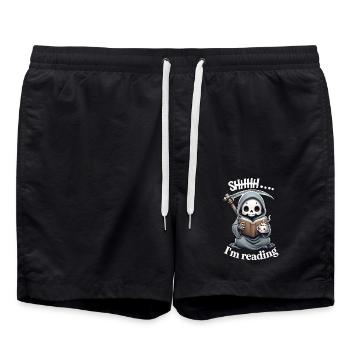 Sensenmann liest ein Buch mit Kaffee - Badeshorts - Schwarz - Vorne - AI Model Male 185 light (185cm)