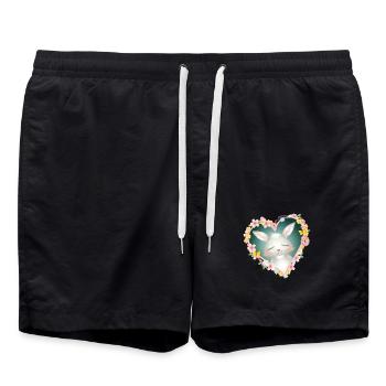 niedlicher weißer Hase träumt im Blüten Herz - Badeshorts - Schwarz - Vorne - AI Model Male 185 light (185cm)
