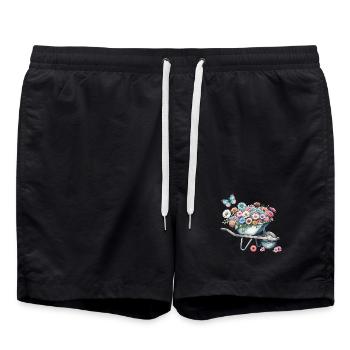 Schubkarre gefüllt mit pastellfarbenen Blumen - Badeshorts - Schwarz - Vorne - AI Model Male 185 light (185cm)