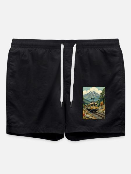 Retro Train Image - Swim Trunks - black