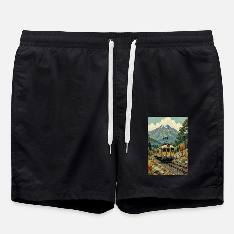 Retro Train Image - Swim Trunks - black