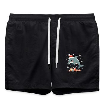 Dolphin with Santa Hat - Snowflakes - Swim Trunks - black - Front - AI Model Male 185 light (185cm)
