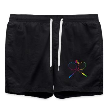 bunter Badminton Federball mit Federballschläger - Badeshorts - Schwarz - Vorne - AI Model Male 185 light (185cm)