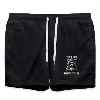 Müder Waschbär mit Kaffee – Ich bin wach, nein - Badeshorts - Schwarz - Vorne - AI Model Male 185 light (185cm)