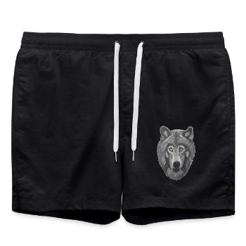 Wolf wolf head with gray fur and yellow eyes - Swim Trunks - black - Front - AI Model Male 185 light (185cm)