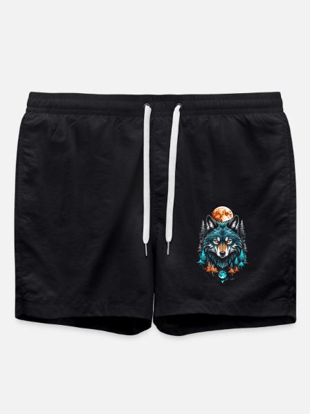Wolf Geometric Moon Forest - Swim Trunks - black