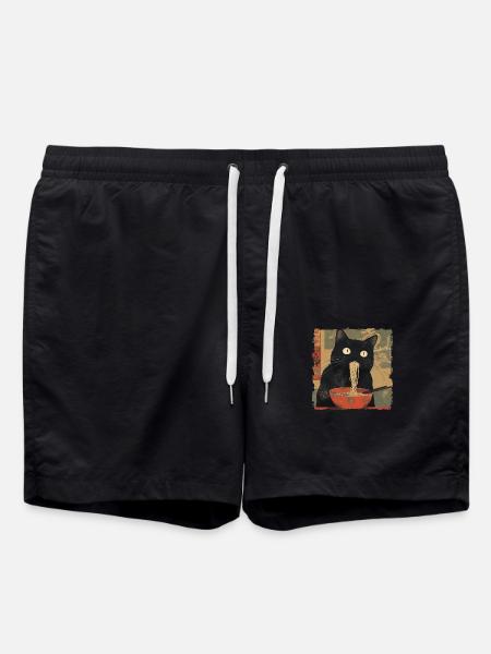 Anime Japanese Art Black Cat Ramen Ukiyo-e - Swim Trunks - black