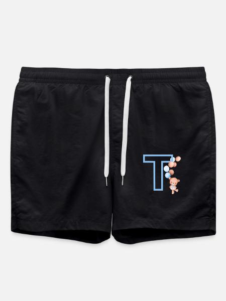 Blue Letter T Bear - Swim Trunks - black