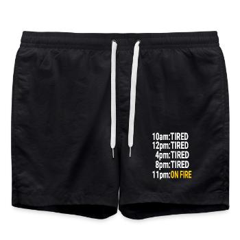 Müde den ganzen Tag, aber nachts in Flammen - Badeshorts - Schwarz - Vorne - AI Model Male 185 light (185cm)