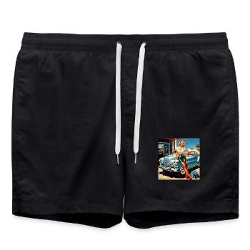 Retro Pinup am Oldtimer - Badeshorts - Schwarz - Vorne - AI Model Male 185 light (185cm)