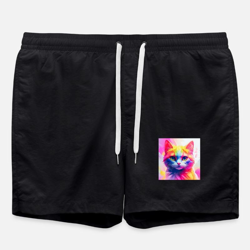 Vibrant Rainbow Cat Artwork - Swim Trunks - black