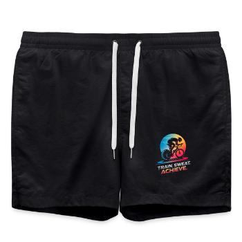 Zug. Schwitzen. Erreichen. Indoor-Cycling-Trainer - Badeshorts - Schwarz - Vorne - AI Model Male 185 light (185cm)