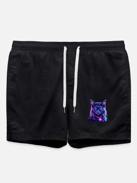Neon Space Cat Cat Portrait - Swim Trunks - black