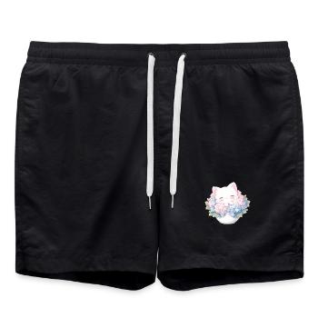 Chat blanc mignon dans les hortensias – Kawaii Design - Short de bain - noir - Devant - AI Model Male 185 light (185cm)