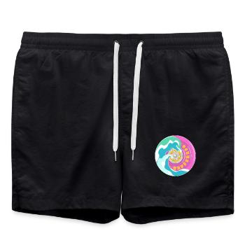 Surfskate Motiv in Pink Gelb mit Wellen - Badeshorts - Schwarz - Vorne - AI Model Male 185 light (185cm)