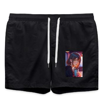 "Anime Girl Design – Aesthetic Manga Motif for - Swim Trunks - black - Front - AI Model Male 185 light (185cm)