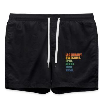 65th Birthday, June 1958, 65 Year Anniversary - Swim Trunks - black - Front - AI Model Male 185 light (185cm)