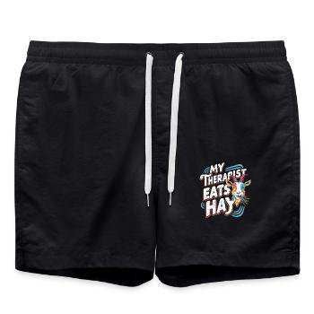 Ziegen-Humor – Mein Therapeut frisst Heu - Badeshorts - Schwarz - Vorne - AI Model Male 185 light (185cm)