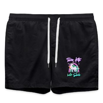 Tschüss Kita! hallo Schule Regenbogen Einhorn - Badeshorts - Schwarz - Vorne - AI Model Male 185 light (185cm)