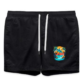 Dolphin with Tropical Sunset - Swim Trunks - black - Front - AI Model Male 185 light (185cm)