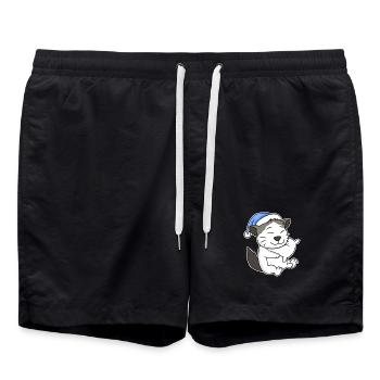 Dormir fatigué - Chat avec oreiller et bonnet somnolent - Short de bain - noir - Devant - AI Model Male 185 light (185cm)