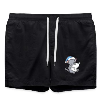 Dormir fatigué - Chat avec oreiller et bonnet somnolent - Short de bain - noir - Devant - AI Model Male 185 light (185cm)
