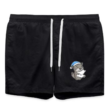 Dormir fatigué - Chat avec oreiller et bonnet somnolent - Short de bain - noir - Devant - AI Model Male 185 light (185cm)