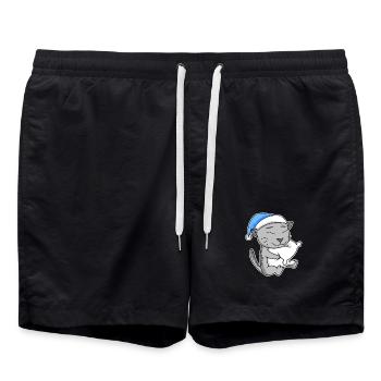 Dormir fatigué - Chat avec oreiller et bonnet somnolent - Short de bain - noir - Devant - AI Model Male 185 light (185cm)