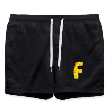 Buchstabe F - Anfangsbuchstabe F - Käse Motiv - Badeshorts - Schwarz - Vorne - AI Model Male 185 light (185cm)