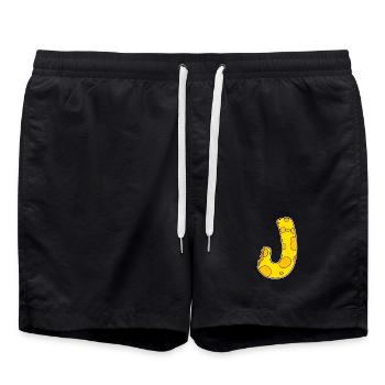 Buchstabe J - Anfangsbuchstabe J - Käse Motiv - Badeshorts - Schwarz - Vorne - AI Model Male 185 light (185cm)