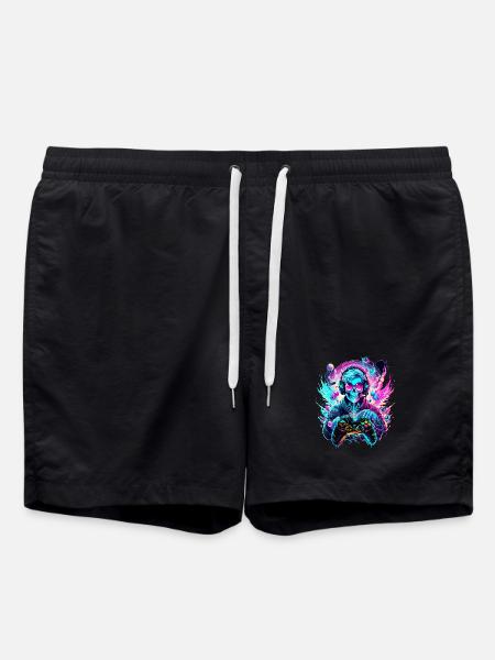 Synthwave Skull Gaming Controller Art - Swim Trunks - black