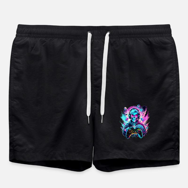 Synthwave Skull Gaming Controller Art - Swim Trunks - black